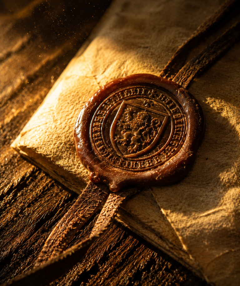 Sigillo di ceralacca su pergamena antica Sigillo di ceralacca su una lettera antica, simbolo dei segreti e dei patti nei romanzi storici di Alhena Cronache